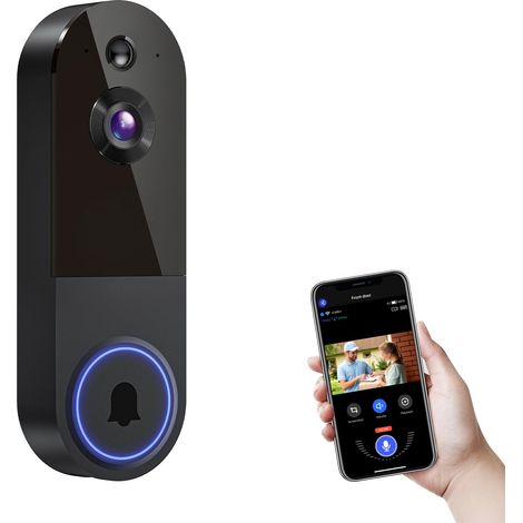 Sonnette vidéo sans fil avec détection IA, audio bidirectionnel, vision nocturne, Wi-Fi 2,4 GHz, alimentation par batterie pour la maison et le bureau, noir-AquaForge