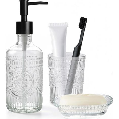 Lot de 3 accessoires de salle de bain en verre transparent - Design tournesol - Distributeur de savon en verre de 500 ml - Porte-savon et gobelet à dents - Accessoires de salle de bain modernes (1/5)