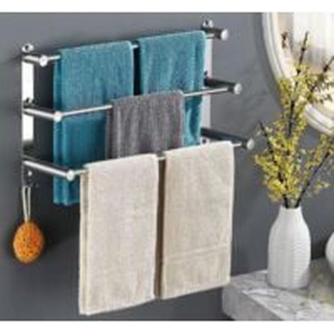 Wall-mounted towel rack with 3 bars, 70 cm, made of 304 stainless steel with hooks for bathroom and kitchen (1/4)