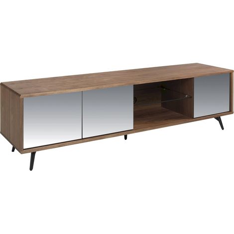 Meuble TV bois noyer 4 portes verre teinté effet miroir pieds acier peint - Noyer, noir (1/5)