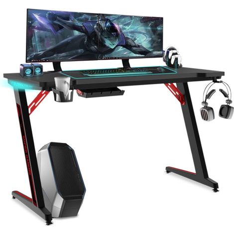 Bureau de jeu 120 x 60 cm avec éclairage LED RVB, porte-gobelet, support pour casque et passe-câbles, bureau, table d'ordinateur, table de travail stable, 150 kg, noir