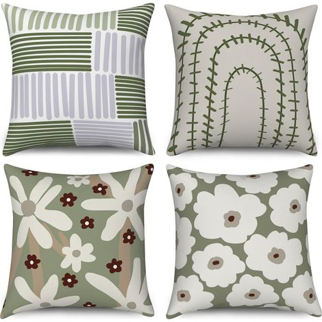 JSSEVN - Cushion Cover 45 x 45 cm, Set of 4 Decorative Sofa Covers, Modern Fresh Flower Line, Green, White, Beige, Washable Linen Outdoor Fabric (1/5)