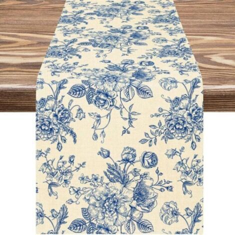 (33X183cm)Blue Rose Vintage Monochrome Sketch Table Runner and Roll Burlap Table Runner Decor for Wedding Coffee Table (1/4)