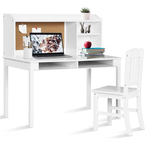 GOPLUS Bureau Enfant Fille Garcon, Table Chaise Enfant avec Étagères de Rangement, Tiroirs, Tableau en Liège, Table d'Étude et Chaise en Bois pour Chambre, Ecole (Blanc) (1/5)