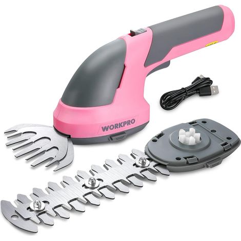 WORKPRO Cisaille Sculpte-Haie et Taille-Herbes sans Fil 7,2V, Cisaille à Gazon avec 2 Lames, Taille Haie Electrique 2 en 1 avec Batterie 2000 mAh, Câble de Charge(Rose)