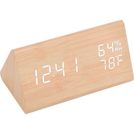 Horloge numérique triangulaire en bois : affiche l’heure, la date, la température et l’humidité fonction réveil horloge en bois à LED activée par la voix. (1/5)