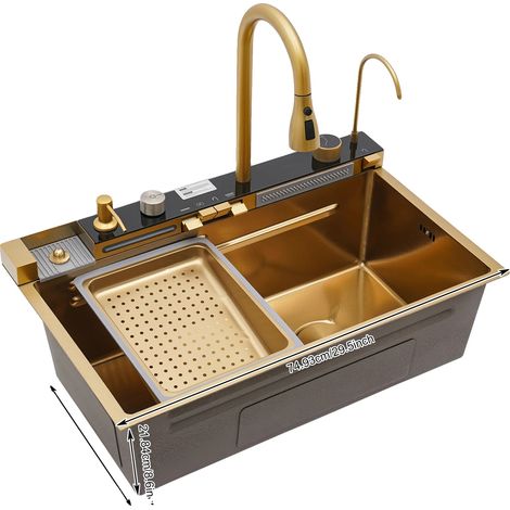 Évier de cuisine, robinet escamotable, plusieurs modes d'eau, or (1/2)