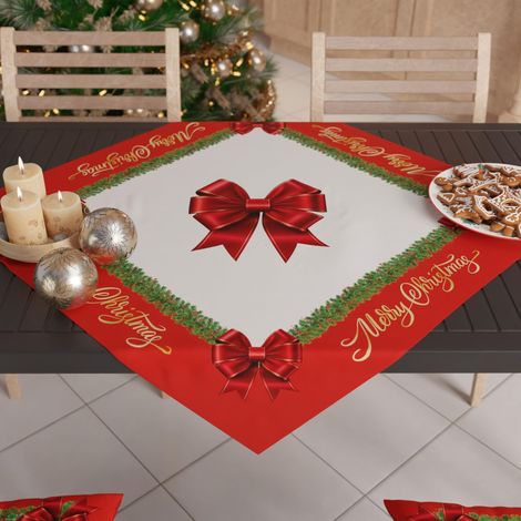 Centre de Table de Noël 90x90 cm, Tissu en Microfibre Doux et Résistant, Décoration Élégante pour Fêtes, Motif 'Noeud Rouge', 100% Fabriqué en Italie (1/3)
