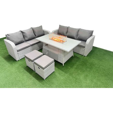Fimous Outdoor Garden Furniture Sets 8 Seater Wicker Rattan Furniture Sofa Sets with Firepit Dining Table high Back Lounge Sofa Stools Light Grey (1/4)