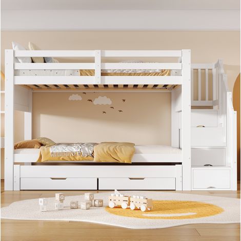 Letto a castello 253x95x160 cm, letto estraibile, 2 cassetti, scala contenitore, armadio, MDF pino legno bianco (1/5)