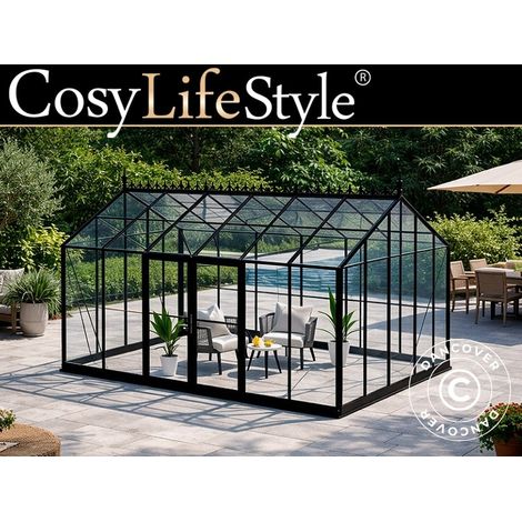Orangerie, gewächshaus aus Glas 16,5m², 4,45x3,71x3,16m mit Sockel und Dach, Schwarz - Dancover
