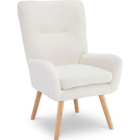 Fauteuil crapaud scandinave en tissu bouclette blanc – Confort cocooning – Pieds en bois d'hévéa – Design épuré pour intérieur moderne (1/5)
