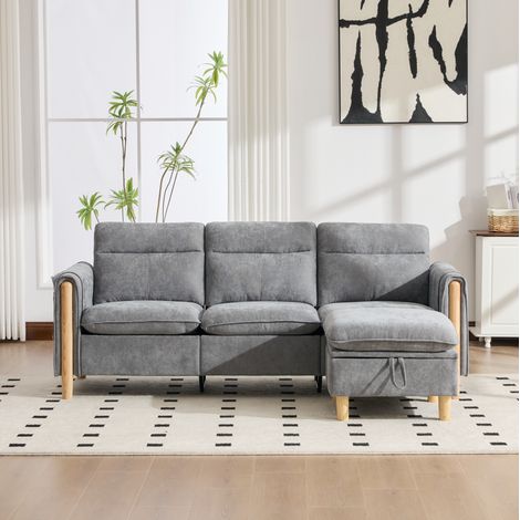 Sofá esquinero de 3 plazas de 201x77x86 cm con compartimento de almacenamiento, bolsillo lateral y chaise longue reversible, tejido de chenilla - gris claro (1/5)