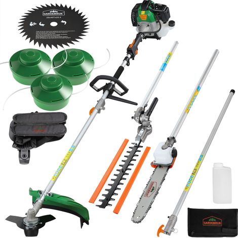 GARDEBRUK® 5-in-1 Garden Petrol Multi-Tool GBMT520  2 HP Petrol-Fuelled Power Gardening Brush Cutter, Lawn Trimmer, Chainsaw, Pole Pruner,  Hedge-Trimmer, Saw