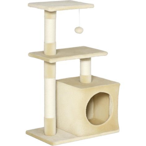Arbre à chat tour de jeux pour chats poteaux en sisal, 2 plaques-formes, niche, balle, peluche tissu, 50x30x81.5cm, beige