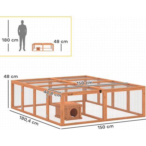 Clapier en bois à 2 portes, abri pour 2 à 4 lapins nains, 180,4 x 150 x 48 cm, orange (1/5)