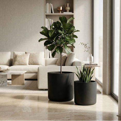 Runde Blumentöpfe 2er-Set, für Innen und Außen, mit Drainagelöchern, schwarz, OKMYHOME (1/5)