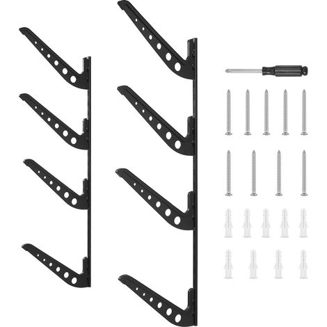 Support mural pour planches de surf, 4 niveaux, rangement horizontal, hauteur réglable, métal robuste, idéal pour snowboards, kiteboards, shortboards et skis. (1/5)