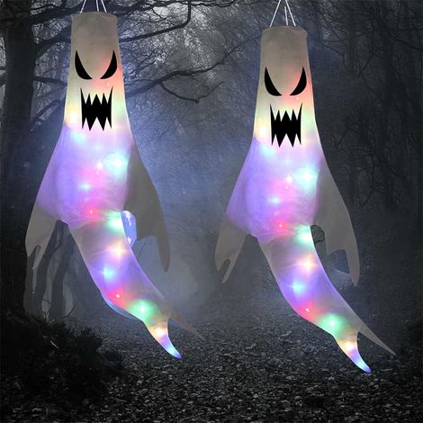 (2 Stück) Beleuchtete Halloween-Hängegeister mit blau-violettem LED-Licht, 110 cm, für den Garten (1/4)