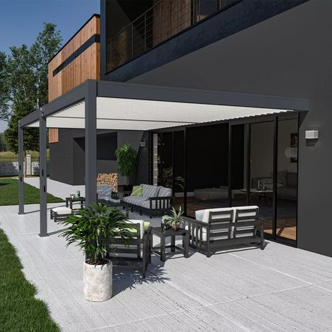 Pergola bioclimatique Ombréa adossée VS - 4x6M bicolore + 2 stores blancs (1/3)