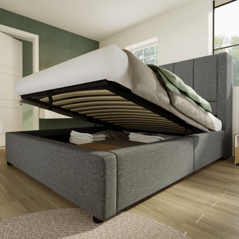 Polsterbett  Einzelbett mit verstecktem Becherhalter & Ladestation, Hydraulisches Bett mit Stauraum unter dem Bett, Inkl. Lattenrost, Leinen (Ohne Matratze)