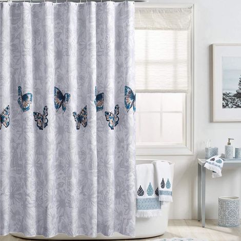 Rideau de Douche Anti-moisissure Imperméable Lavable Antibactérien en Polyester avec 12 Anneaux de Rideau de Douche GROOFOO (Papillon,200 x 200 cm) (1/5)