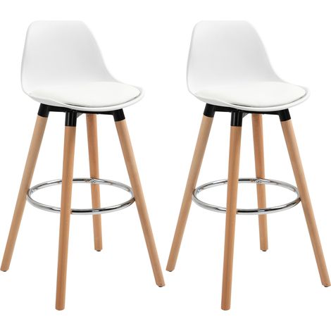 Set aus 2 weißen Barhockern, Hochstühlen in Kunstleder mit Rücken- und Fußstütze, 69 cm gepolsterter Sitz, Holzbeine, modernes Design für Küche und Wohnzimmer