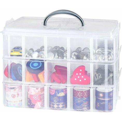 Plastic Storage Box, Transparent Storage Box, 3 Stackable Plastic Tiers, Adjustable Divider Storage Box, Plastic Box for Beads, Scrapbooking (1/5)
