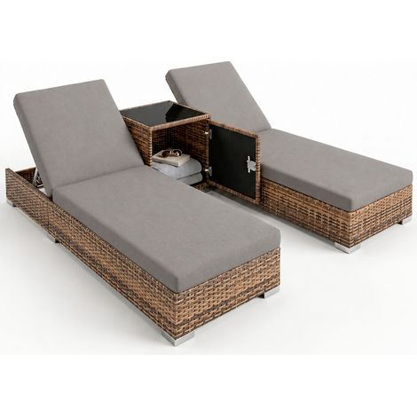 Set 2 Lettini Prendisole In Polyrattan Con Tavolino Contenitore E Cuscini Schienale Regolabile 5 Posizioni Sdraio Da Giardino Terrazzo Piscina Marrone Chiaro E Grigio (1/5)
