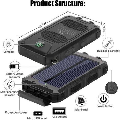 Batterie Externe Solaire 20000mAh Étanche avec Double USB LED, Power Bank Portable Outdoor (1/5)