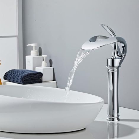 Robinet de Lavabo Cascade pour Salle de Bain - Design Élégant, Eau Froide et Chaude - Chromé, Haut (1/5)