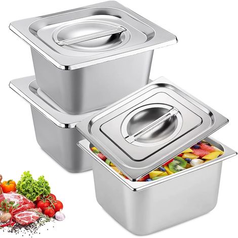 Lot De 3 Bac Inox Alimentaire, Plat Inox Avec Couvercle, GN 1/6 récipient, Bac Rectangulaire, Bac Gastro, Poêle À Vapeur Empilable Pour Escalopes, Viande, Poisson, Côtelettes(17.516.510cm) (1/5)