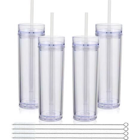 480ml plastique Skinny Gobelets Avec Couvercle et Paille Bulk 4 Pack, Isolé Double Paroi Bpa Free Matte Acrylique Gobelets, Glaçons de Voyage Party Cup,Cadeaux Diy(Claire,4 Set) (1/5)
