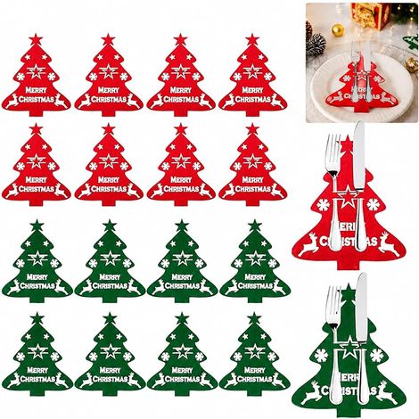 Porte-Couverts de Noël 16 pièces Rouge et Vert, Sac à Couverts décoratif en Forme de Sapin 20x18 cm pour Table de fête, Accessoires de décoration de Noël élégants (1/5)
