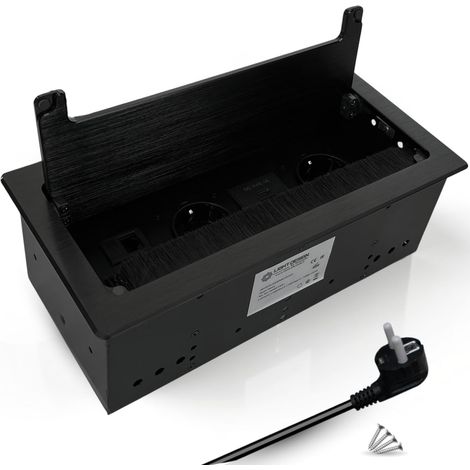 Multiprise Rétractable 2 Schuko, USB A+C 10W, HDMI, RJ45, Fermeture Amortie, Bureau, Cuisine, Plan de Travail, Noir - EVOTRADE (1/5)