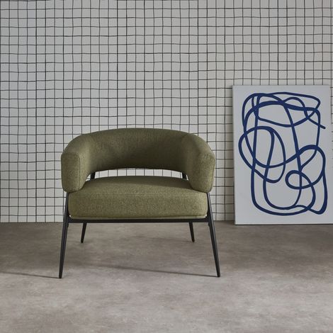 Fauteuil tissu kaki dossier incurvé piétement métal L 81.5 x P 72.5 x H 69 cm - Cristo