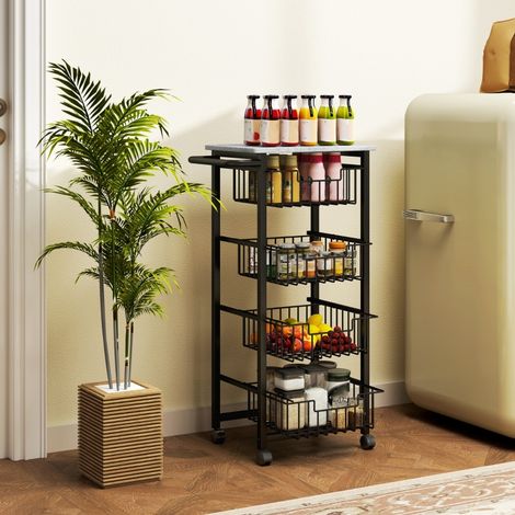 Chariot de cuisine roulant à 4 étages, desserte mobile avec 4 paniers en acier, table de service sur roulettes, trolley de rangement multifonction (1/5)