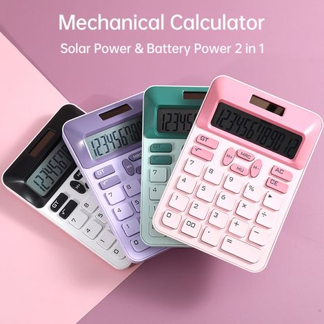 Ortviai Calculatrice mécanique 12 chiffres solaire et pile AAA, écran LCD haute définition, touches tactiles, couleur violet