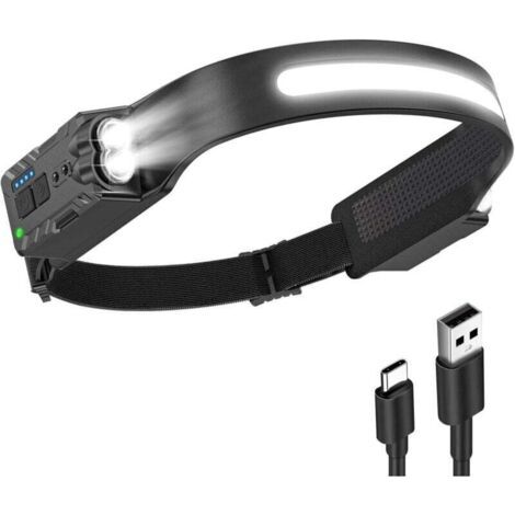 Lampe frontale LED rechargeable, puissante lampe frontale USB étanche 1200 mAh, 8 modes, idéale pour la course, le camping, le vélo, la pêche, la réparation et le jogging. (1/4)