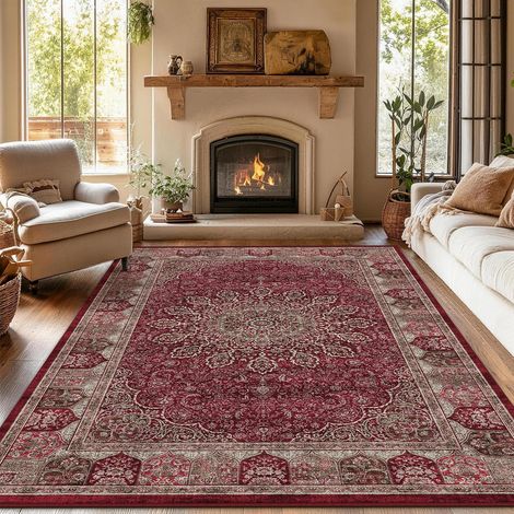 Grand Tapis Vintage pour Salon 160x230 cm - Tissu Ras Court Doux, Lavable en Machine et Antidérapant, Tapis Oriental pour Salle à Manger, Chambre à Coucher et Chambre d'enfants, Rouge Vintage (1/5)