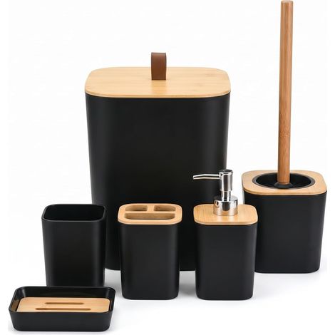 Ensemble Accessoire Salle de Bain 6 Pièces - Ensemble Salle de Bain Accessoire Noir de Savon Porte Brosse à Dents Brosse de Toilette Corbeille à Papier Porte Savon Tasse - Set Salle de Bain Bambou (1/5)