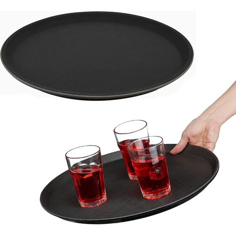 2 Vassoi Rotondi Neri da portata con Rivestimento Gommato Antiscivolo - Diametro 35,5 cm - Vassoi in polipropilene infrangibile ideali per Bar, Mensa e Fast Food (1/5)