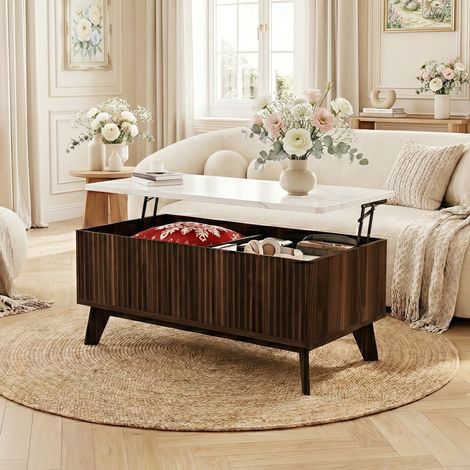 Table basse relevable plateau effet marbre blanc, table de salon scandinave avec coffre de rangement dissimulé, pieds en bois chêne 105x53x42 cm - Noyer (1/5)