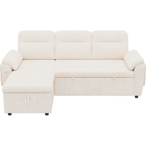 Sofá cama esquinero en L reversible con chaise longue, almacenamiento, USB/Type-C, chenilla beige (1/5)
