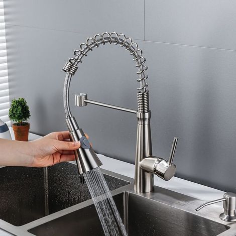 Robinet de cuisine, robinet à ressort spiralé, robinet de cuisine pivotant à 360°, robinet en laiton chromé avec flexible d'alimentation. (1/5)