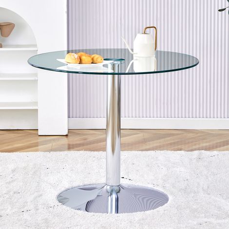 Mesa de cristal transparente con base de metal plateado y tablero redondo de cristal de 85 cm de diámetro (1/5)