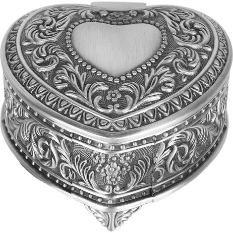 Écrin bijoux coeur en métal vintage allié, boîte légère pour broches bagues boucles d'oreilles, argent antique (1/5)