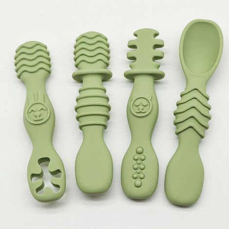 (Vert) Lot de 4 cuillères pour bébé en silicone, adaptées aux bébés de 6 mois et plus. (1/5)