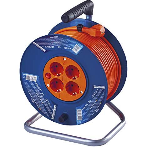 Emos P09225 Avvolgicavo della prolunga m con 4 Prese Schuko da 1,5 mm, Grigio-Rosso, 25 metri (1/4)