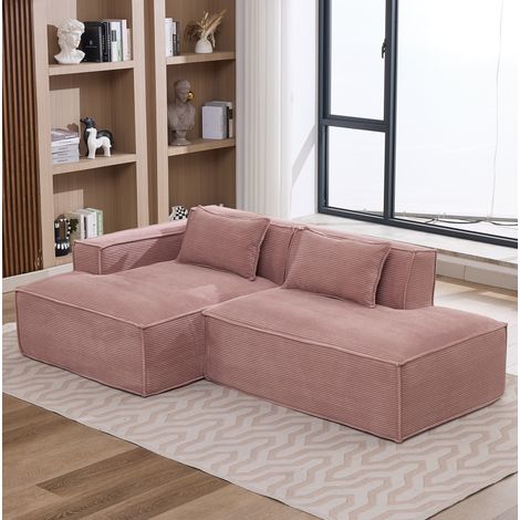 Sofá 2 plazas de tela 235 x 129 x 70 cm con 2 cojines y muelles ensacados rosa DESVIAE (1/5)